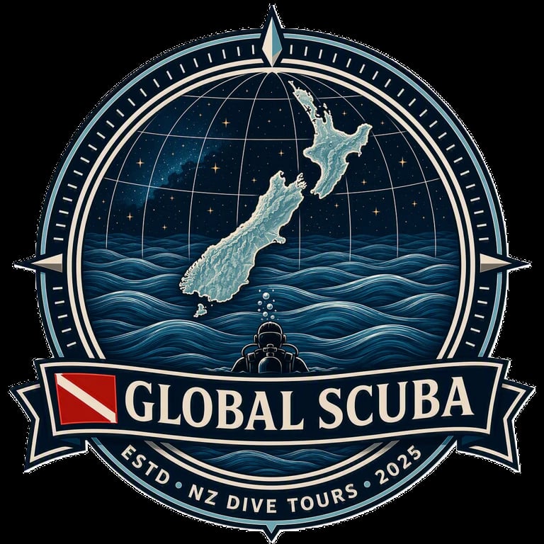 Global Scuba logo featuring New Zealand map, diver silhouette, ocean waves, compass points, and dive flag for NZ dive tours established 2025