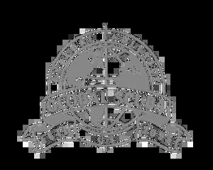 Decorative skull and crossbones emblem with ornate swirls and flourishes on black background