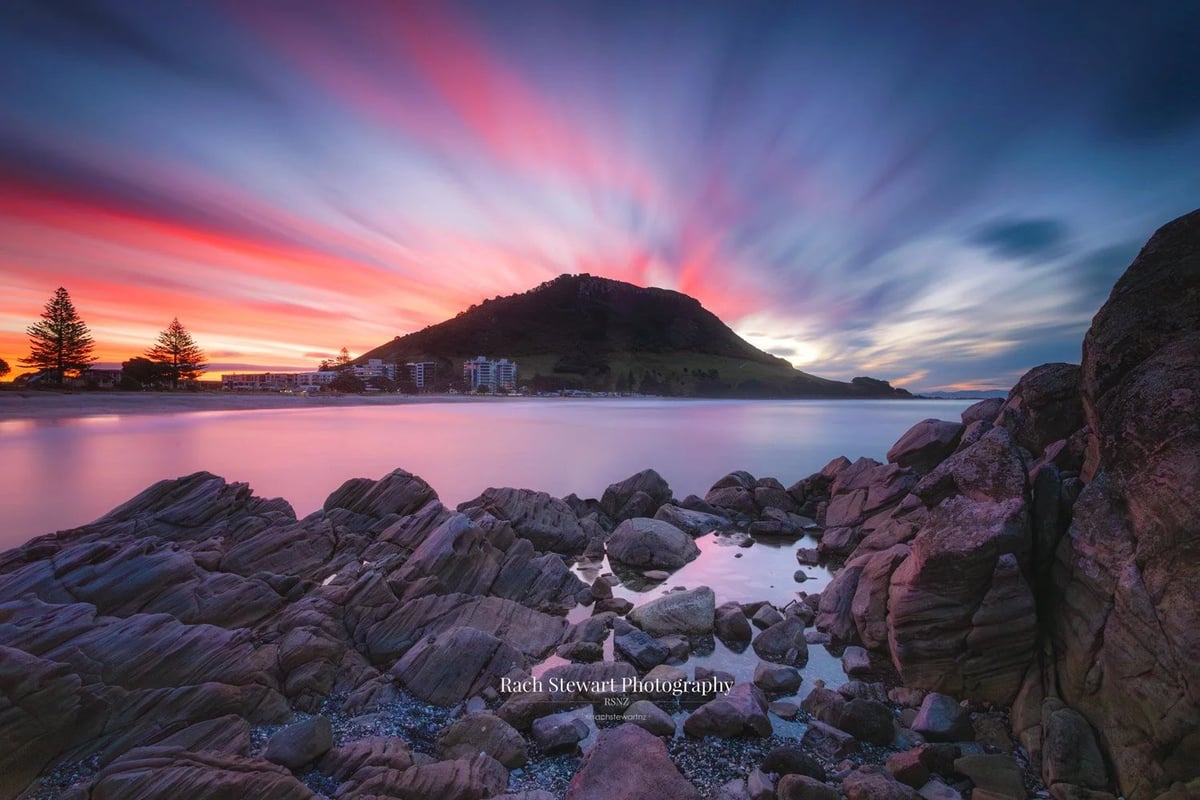 Dramatic sunrise over a rocky coastline with a forested mountain and pink-purple sky reflecting in calm water