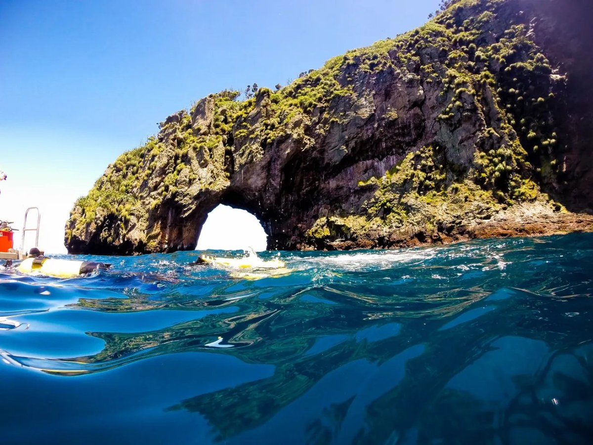 A natural rock arch formations rises from turquoise ocean waters with moss-covered cliffs and a boat visible on the left
